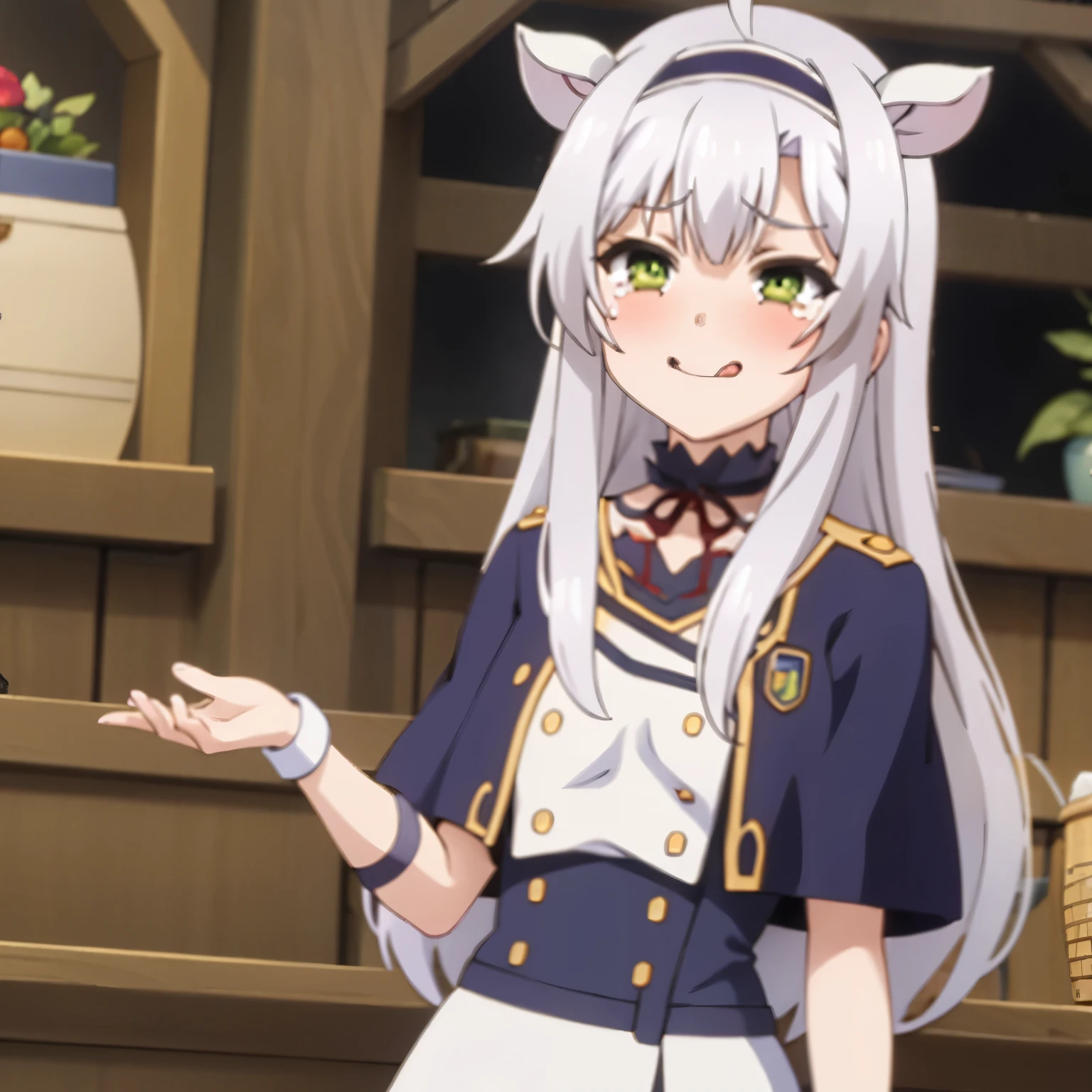 1girl, white hair, green eyes, cat ears, crying, crying of hapiness, ahegao, tongue out, smiling, hairband