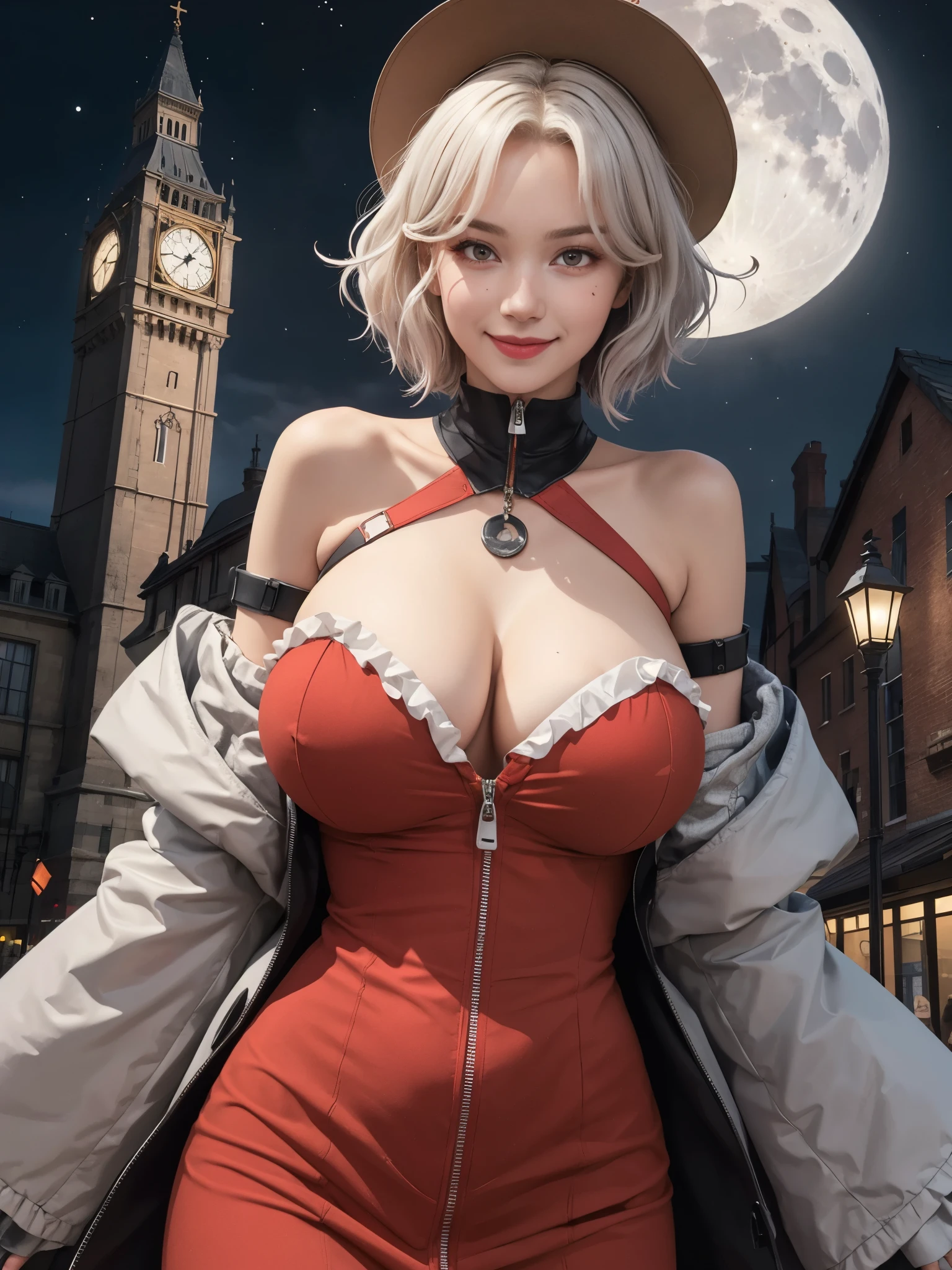 girl walk through narrow red matte plaster walls, BREAK, 1girl, wide hat, off-shoulder zipper long dress, (puff sleeve:1.2), ruffle trimmed, outdoor, night, moon, clock tower, street lamps, masterpiece, best quality, 4k, smile, red cheeks, perfect lighting, red gauntlets, (body armor:1.2), bob white hair, red eyes, looking at viewer, gigantic breasts,