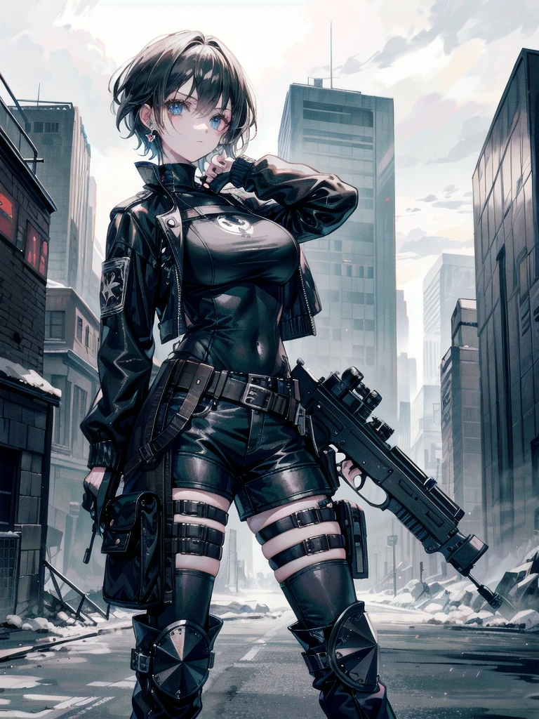 whole body, gunman attire, revolver pistol, boots, post apocalyptic city, Desolate atmosphere, absurdres, RAW photo, extremely delicate and beautiful, masterpiece, Best Quality, ultra high resolution, 32k, hyperrealistic, ultra-detailed, detailed description, pale skin, 20 years old, detailed beautiful face and eyes, tearful mole, earring, Colossal tits, short medium hair, wavy hair,
