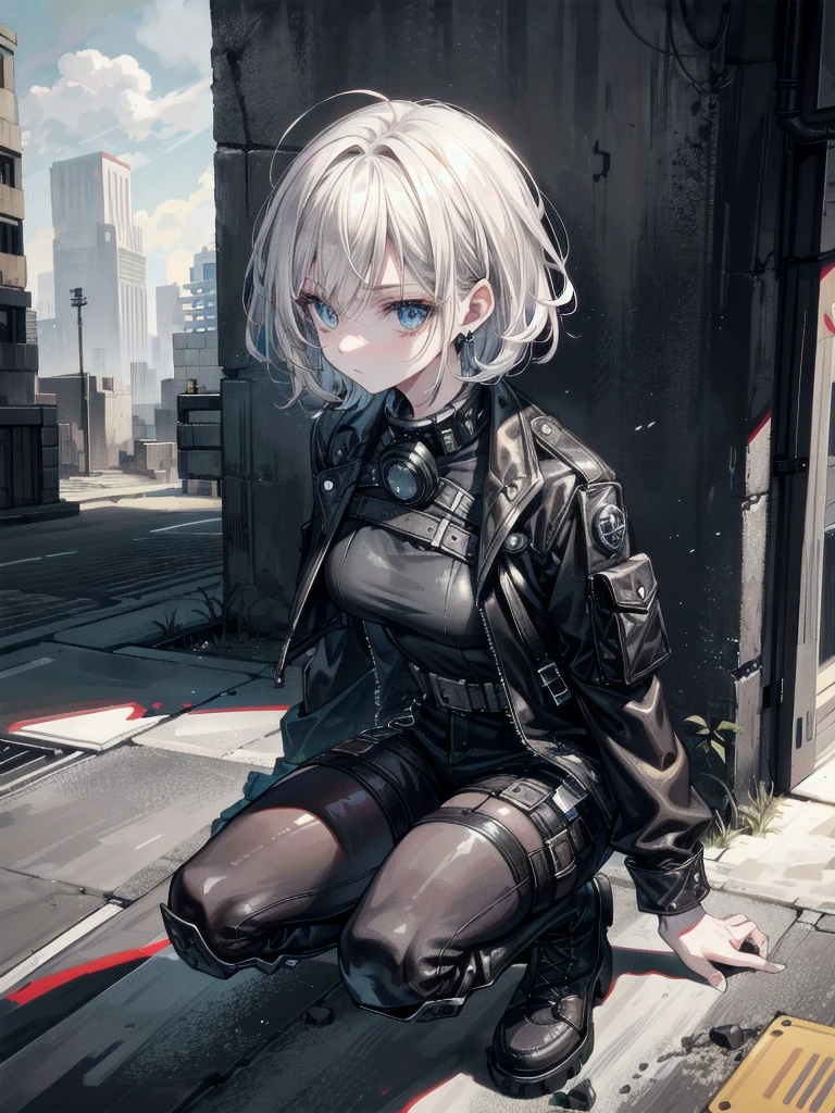 whole body, gunman attire, revolver pistol, boots, post apocalyptic city, Desolate atmosphere, absurdres, RAW photo, extremely delicate and beautiful, masterpiece, Best Quality, ultra high resolution, 32k, hyperrealistic, ultra-detailed, detailed description, pale skin, 20 years old, detailed beautiful face and eyes, tearful mole, earring, Colossal tits, short medium hair, wavy hair,