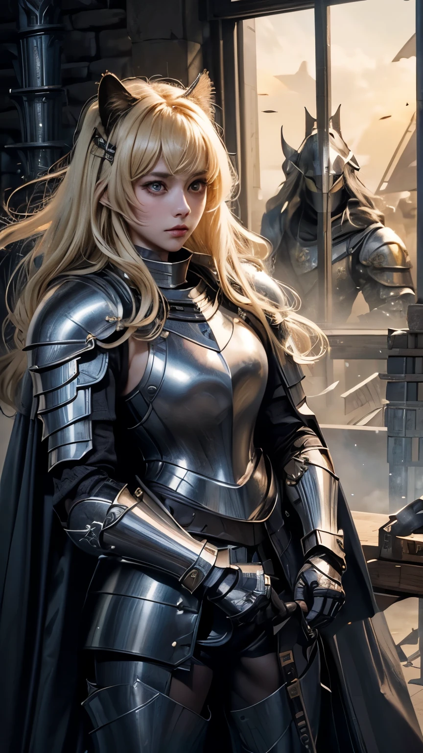 ((Highest quality))、((8K))、((knight))、woman、Big eyes、Double、Soft、大人のwoman、whole body、（sword）、（armor）、((whole bodyarmor))、Cat ear、Blonde、long hair、大sword、knight団、((battlefield))、Cape、