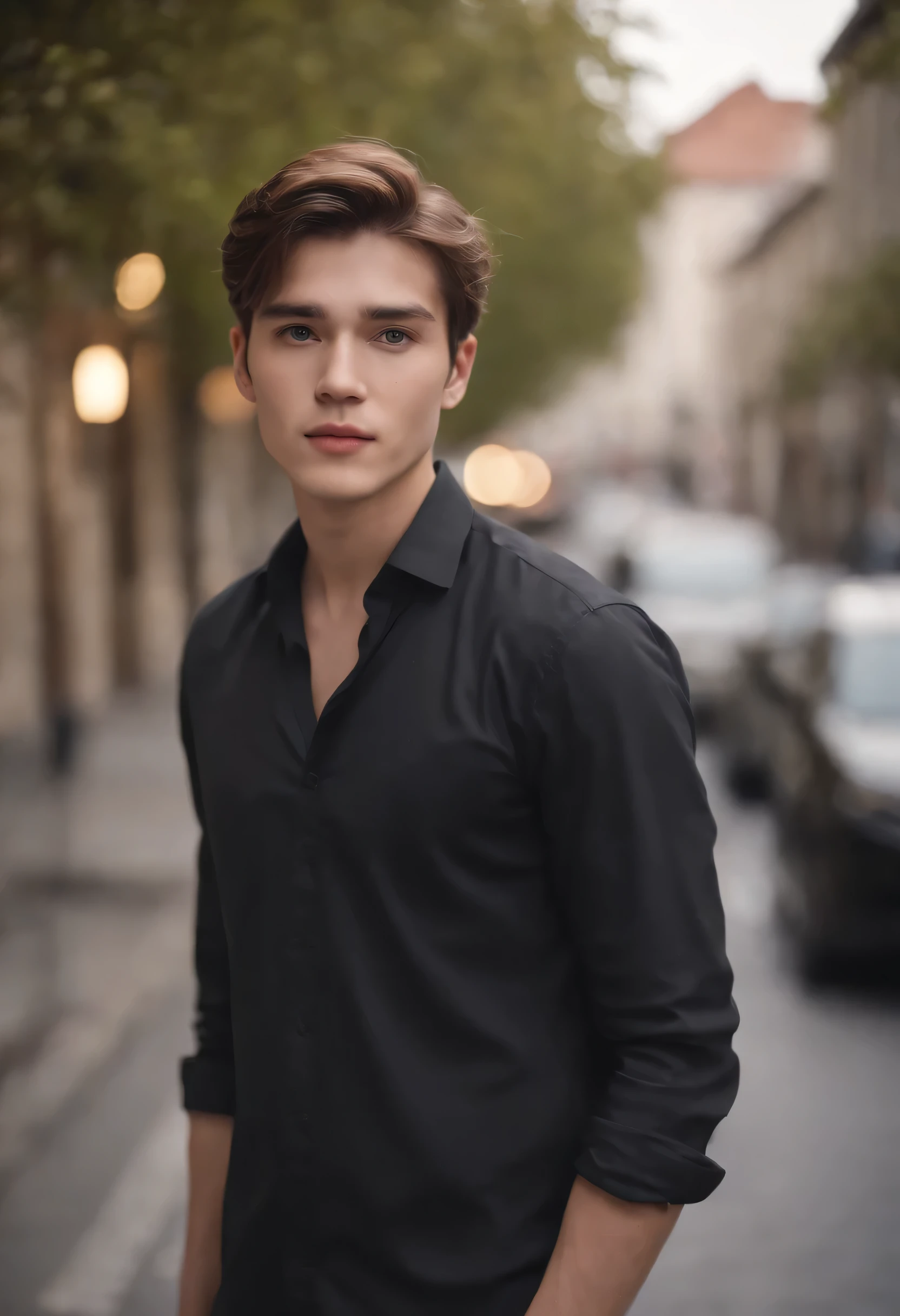 20-year-old guy, Black Full Sleves Shirt,silky light disheveled hairstyle, Square face shape, light beard, looking up at the camera, Walking on an empty road, Direct ownership, perfect lighting, deep shadow, Best Quality, Masterpiece, ultra highres, Photorealistic