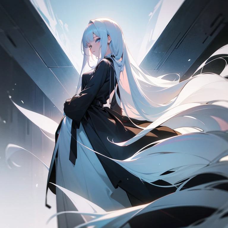 A girl with white long hair, dressed in black clothing, looking directly at the camera. Her eyes are intensely white, and her long hair cascades down her back. The girl is positioned far from the viewer, emphasizing her presence and creating a sense of depth in the image. The composition shows the girl's full body, capturing her posture and body language. The image quality should be of the best quality, with ultra-detailed features and a realistic, photorealistic appearance. The color palette should be vivid, enhancing the visual impact of the artwork. The lighting should highlight the girl's features and create a sense of three-dimensionality.