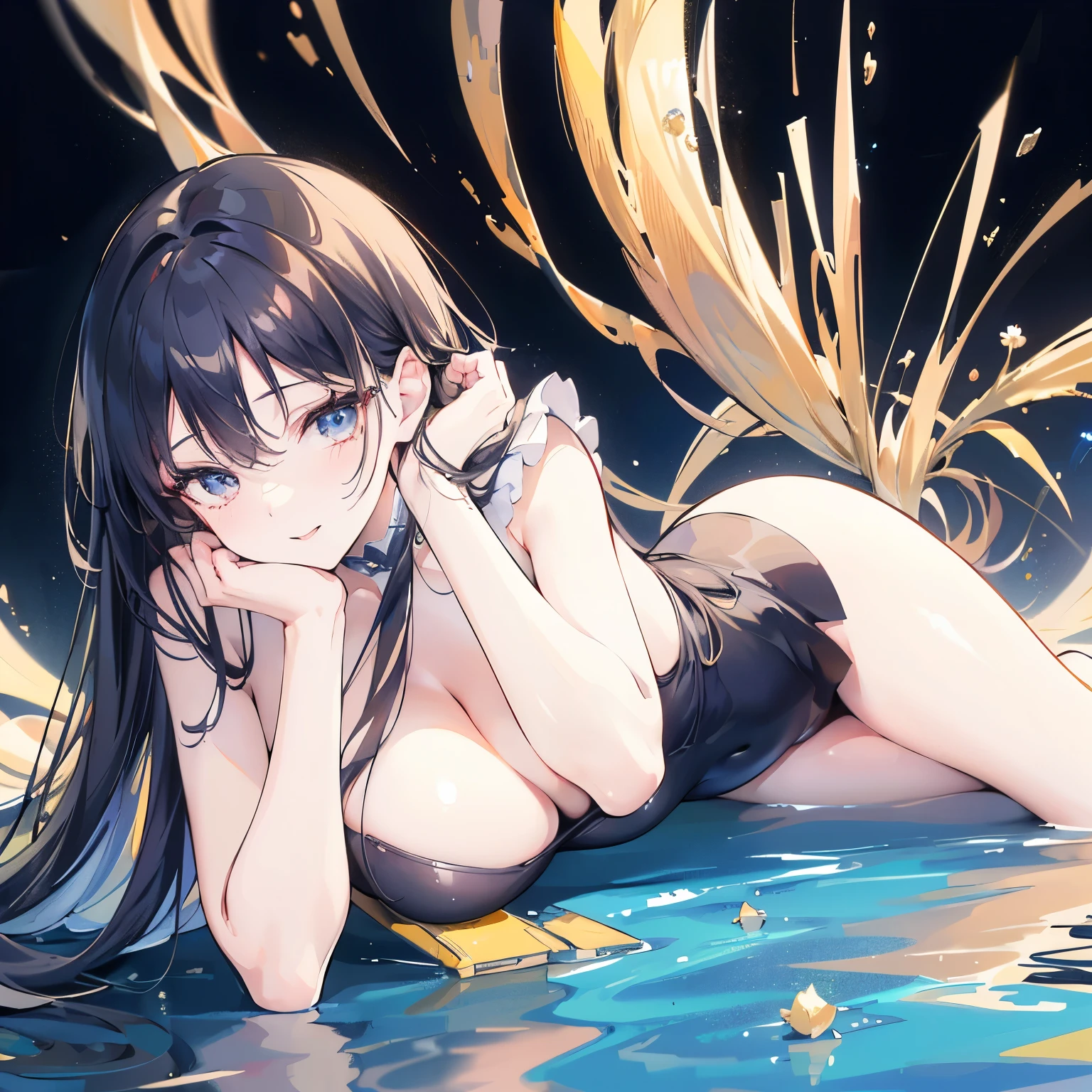 ((best quality, masterpiece, Ultra-high resolution, Super detailed, Reality)),, woman, Simple background,Sexy,Exaggerated huge breasts,Charming happy expression,Mature face,The posture is lying on the ground,穿着Sexy的比基尼,Wearing very little,black hair,Wearing black