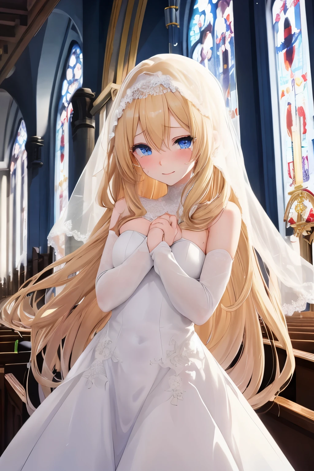 {{{masterpiece}}}, {{{best quality}}}, {{ultra-detailed}}, {nsfw}, {{an extremely delicate and beautiful、 beautiful detailed eyes}},((nose hook))blonde、half up、red eyes、small curve 1.2、cute 、Wedding dress、church background、Crouching、ahegao:1.5、trembling:1.2、open your mouth wide、、cinematic angle:1.5、