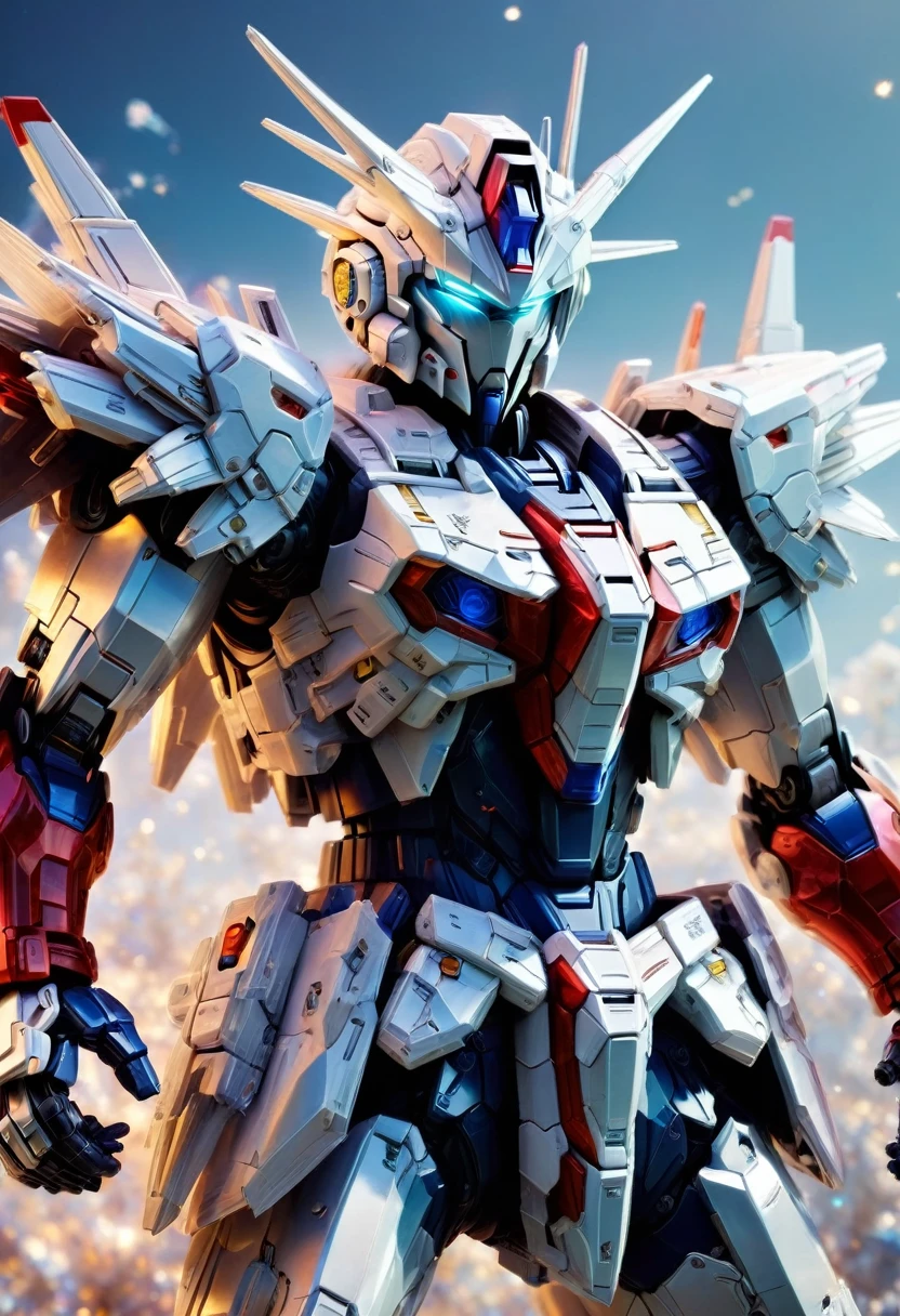 crystal, (Style-EMCG:1.0) (Style:1.6), 8k, Gundam, Dynamic poses, 10 heads high, Depth of Field