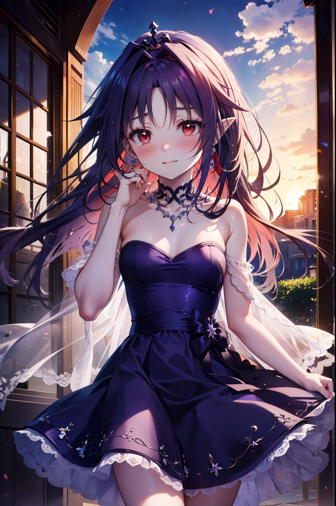 yuukikonno, Konno Yuuki,Long Hair, tiara,Pointed Ears, Purple Hair, (Red eyes:1.5), (Small breasts:1.2), smile,Purple Dress,Purple Long Skirt,Purple stiletto heels,Sleeveless,Expose your shoulders,Bare arms,Bare neck,bare clavicle,She is wearing a wedding ring on the ring finger of her left hand.,Heart Necklace,Tears stream down her face,Tears of joy,I cry a lot,Romantic night view,moonlight,
break outdoors, hill,
break looking at viewer, (Cowboy Shot:1.5),
break (masterpiece:1.2), highest quality, High resolution, unity 8k wallpaper, (shape:0.8), (Beautiful details:1.6), Highly detailed face, Perfect lighting, Extremely detailed CG, (Perfect hands, Perfect Anatomy),