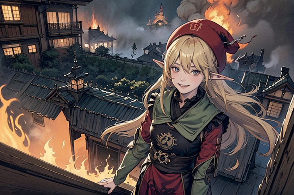 (masterpiece), (best quality:1.2), 1girl, klee (genshin impact), evil smile, house_burning in the background, fire, green plains, wooden house,  red_eyes, blonde_hair, pointy ears,  hat, 