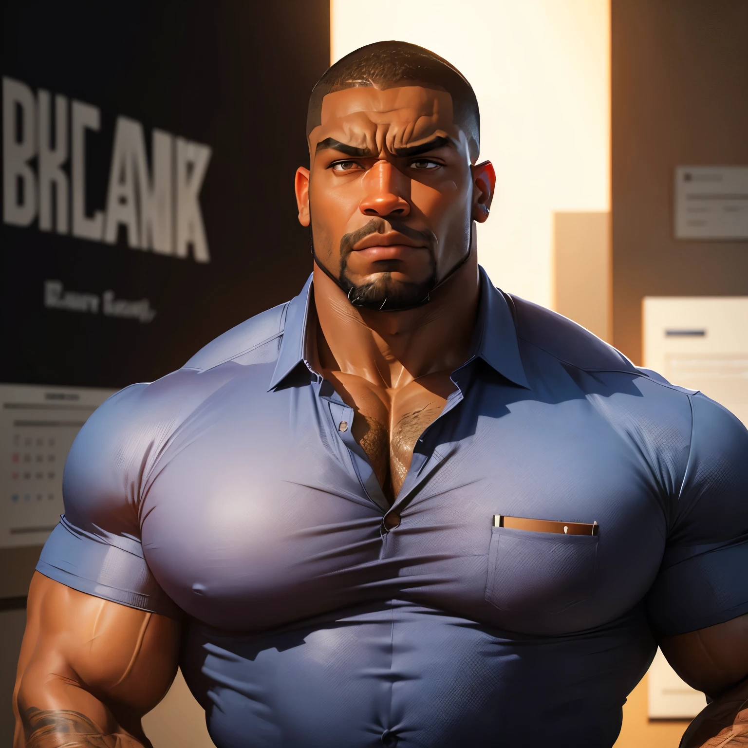 an exaggeratedly muscular and large bodyguard, beefy build, beard, dark-skinned african american male, buzzcut hair with square line, (confused expression: 1.2), (casual business shirt: 1.2), (ripped shirt: 1.1), (bara pecs: 1.3), beefy pecs, (arm and chest hair: 1.1), portrait HD, (fluorescent office building)