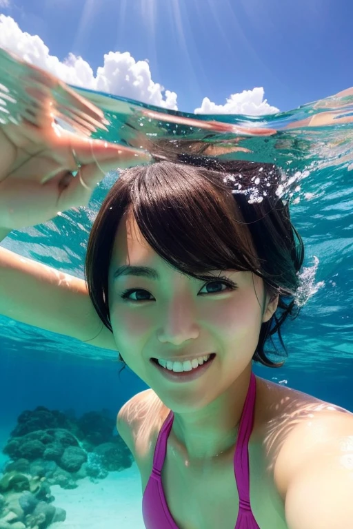A very cute face like an idol、A young-looking 18-year-old woman、Smiling Kindly、Wearing a bold bikini、Showering on the beach、Natural light、(whole body)、High level of artistry、Highest quality