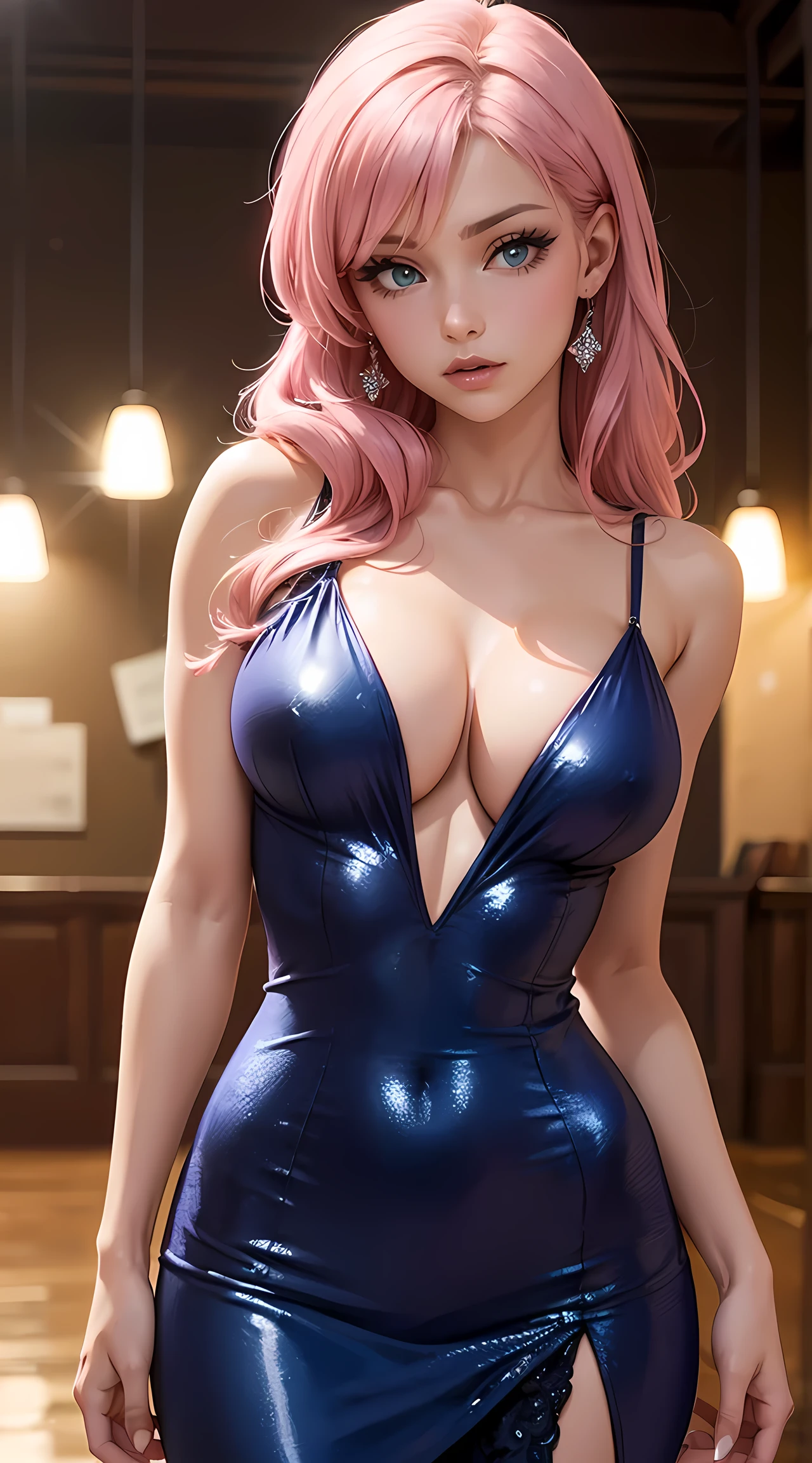 Beautiful pink hair girl is shown to have a sexy figure. She is wearing a  beautiful  detailed gala dress , jewelry, she has blue eyes,Girl standing in a gala ballroom, sexy session, poseing,exposed cleavage, cowboy shot, superior quality, many details, realistic