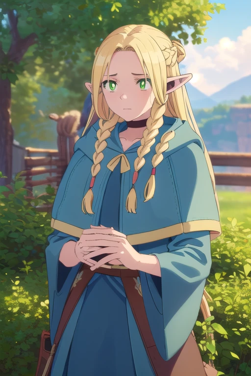 Multi-Redonate, Marcille Donath, Long Hair, Blonde, (Green Eyes:1.3), Braiding, Pointed Ears, twin Braidings, Fairy, (Bright Eyes:1.5), (Parted bangs:1.5),
break choker, Robe, Red choker,
break outdoors, nature, forest, wood, Grass, river, sun, null, cloud,
break looking at viewer, (Cowboy Shot:1.5),
break (masterpiece:1.2), highest quality, High resolution, unity 8k wallpaper, (figure:0.8), (Beautiful fine details:1.6), Highly detailed face, Perfect lighting, Highly detailed CG, (Perfect hands, Perfect Anatomy),