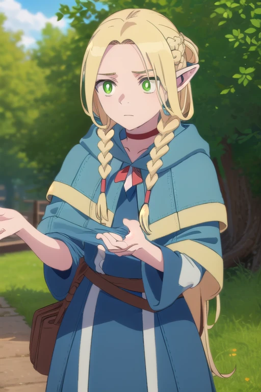 Multi-Redonate, Marcille Donath, Long Hair, Blonde, (Green Eyes:1.3), Braiding, Pointed Ears, twin Braidings, Fairy, (Bright Eyes:1.5), (Parted bangs:1.5),
break choker, Robe, Red choker,
break outdoors, nature, forest, wood, Grass, river, sun, null, cloud,
break looking at viewer, (Cowboy Shot:1.5),
break (masterpiece:1.2), highest quality, High resolution, unity 8k wallpaper, (figure:0.8), (Beautiful fine details:1.6), Highly detailed face, Perfect lighting, Highly detailed CG, (Perfect hands, Perfect Anatomy),