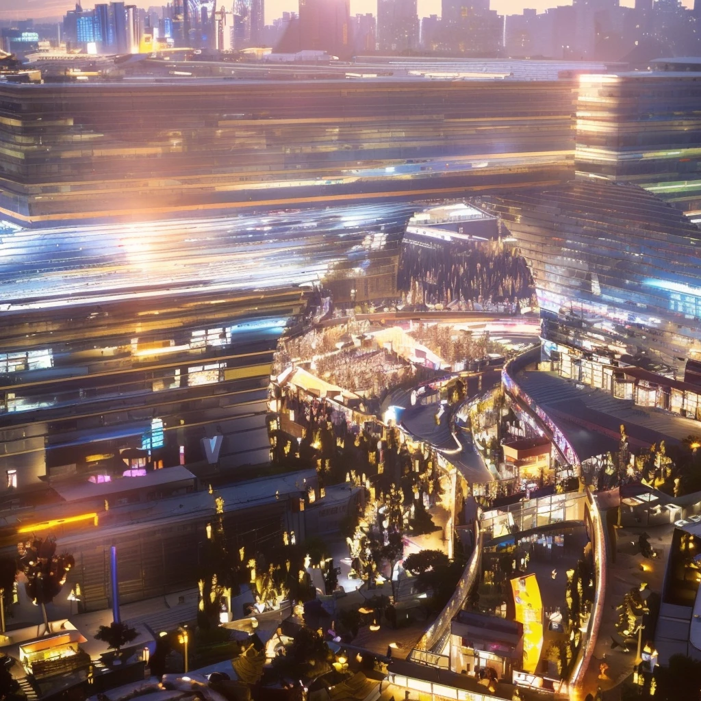 Alafid view of a city with many people walking around, Full of energy and vitality, Hangzhou, Full view, by Zha Shibiao, Wide-angle lens, Wide-angle lens, Seoul, golden hour in Beijing, Post-processing, Beijing, Awesome Award Winning, 2030, dynamic view, Wide-angle lens