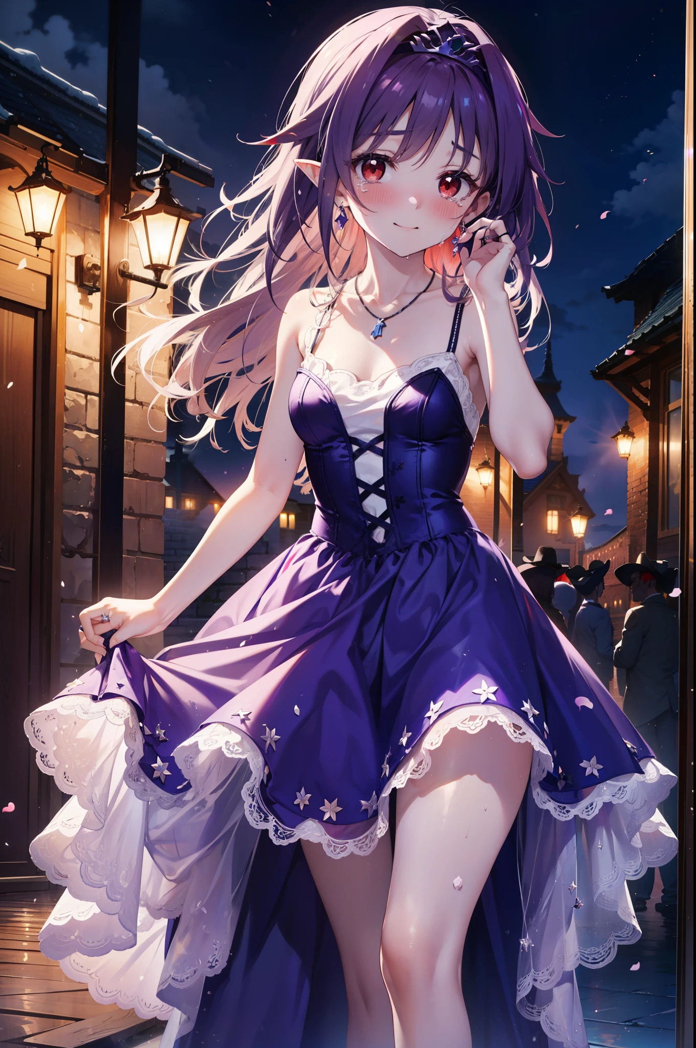 yuukikonno, Konno Yuuki,Long Hair, tiara,Pointed Ears, Purple Hair, (Red eyes:1.5), (Small breasts:1.2), smile,Purple Dress,Purple Long Skirt,Purple stiletto heels,Sleeveless,Expose your shoulders,Bare arms,Bare neck,bare clavicle,She is wearing a wedding ring on the ring finger of her left hand.,Heart Necklace,Tears stream down her face,Tears of joy,I cry a lot,Romantic night view,moonlight,
break outdoors, hill,
break looking at viewer, (Cowboy Shot:1.5),
break (masterpiece:1.2), highest quality, High resolution, unity 8k wallpaper, (shape:0.8), (Beautiful details:1.6), Highly detailed face, Perfect lighting, Extremely detailed CG, (Perfect hands, Perfect Anatomy),