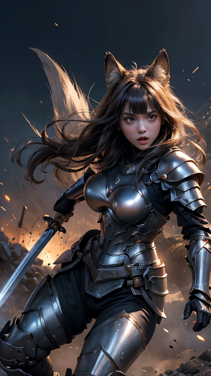 (Realistic: 1.3), horizontal light, pinpoint light, glowing small glass, 1girl, fine and beautiful eyes, portrait, (Focus_1:1.3), colorful, cute face, smooth figure, fluffy glossy hair, exploding shape black hair, high-definition skin, black patterned armor, brown medieval iron short-sleeved armor, lower body knee-length oxhide armor, thunder wave gun,