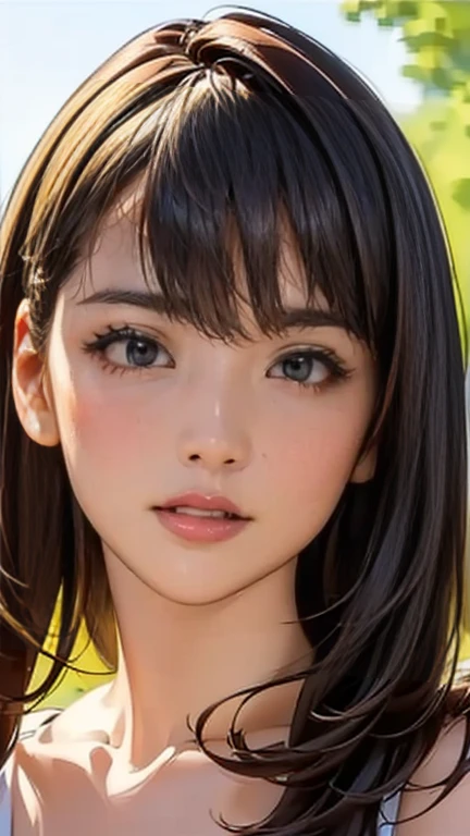 Highest quality、High resolution、Detailed Background、(Beautiful face in every detail:1.4)、Anatomically correct、Normal number of fingers、(Detailed facial expressions)、(Detailed eyes:1.2)、age beauty、(Highly detailed face:1.4)、(Huge breasts:1.2)、Perfect body line、cute hair color、Bobcut、ponytail、cute hairstyle、well-groomed eyebrows、Sunny outdoors、A big smile、smile、A fun atmosphere、Cute gestures、(Three girls standing next to their friends in A fun atmosphere:1.5)、Sleeveless maid dress in sheer material、cute