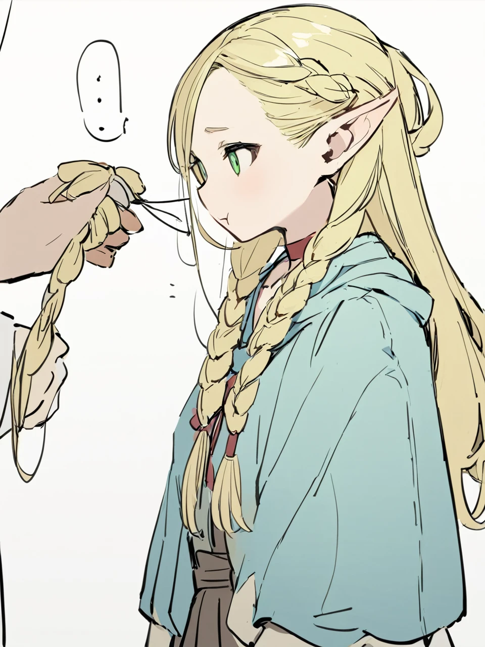 masterpiece, highest quality, Pointed Ears, Braiding, alone, Green Eyes, ..., Fairy, Blonde, White Background, choker, One girl, Long Hair, Hair that falls over the shoulders, Simple Background, single Braiding, ellipsis, :t, Upper Body, Robe, Pouting