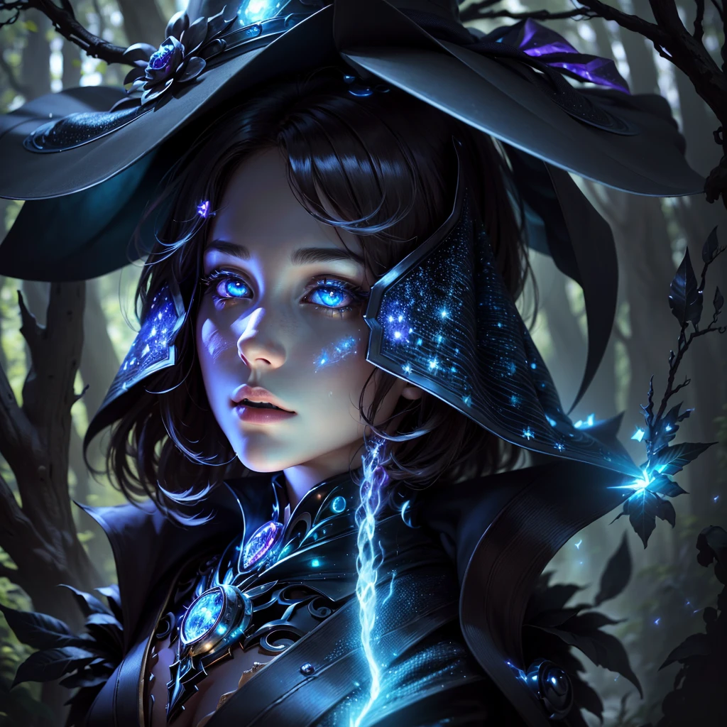 Futuristic robot witch in enchanted forest、(witch hat)、cybernetic enhancement、(mechanical limbetal texture、cloak,upper body portrait,Create a mysterious and enchanting atmosphere,Glittering symbols and runes、Sparkling magic gems、sparkling magic book、mist、strong color palette,(best quality,4k,8k,masterpiece:1.2),Ultra-detailed,(lifelike,Photo lifelike,Photos are real:1.37),HDR,ultra high definition,studio lighting,super fine painting,clear focus,Physically based rendering,extreme detail description,major,vivid colors