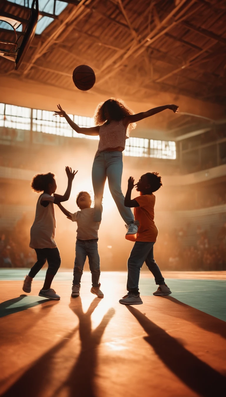 Mothers and children dancing hip-hop on a basketball court very colorful image with full hd 4k 3d effect