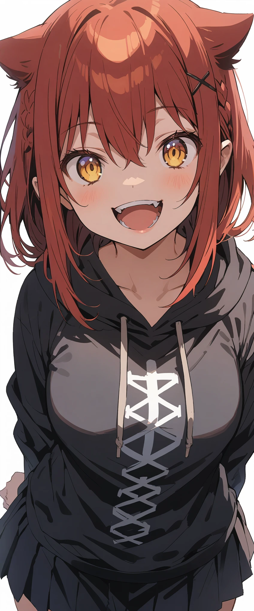 White background、Solid white background、Blank background、front、Solo,just standing girl, One Girl、Ultra-high resolution, highest quality,fish-bone braid hair、Fishbone Hair、red hair、arms behind back、Put your hands behind your back、Hide your hands、busty、beautiful detailed eyes、Red hair x yellow eyes、yellow eyes、Open your mouth without showing your teeth、Smile with mouth wide open、 plain black hoodie、Black pleated skirt、barefoot