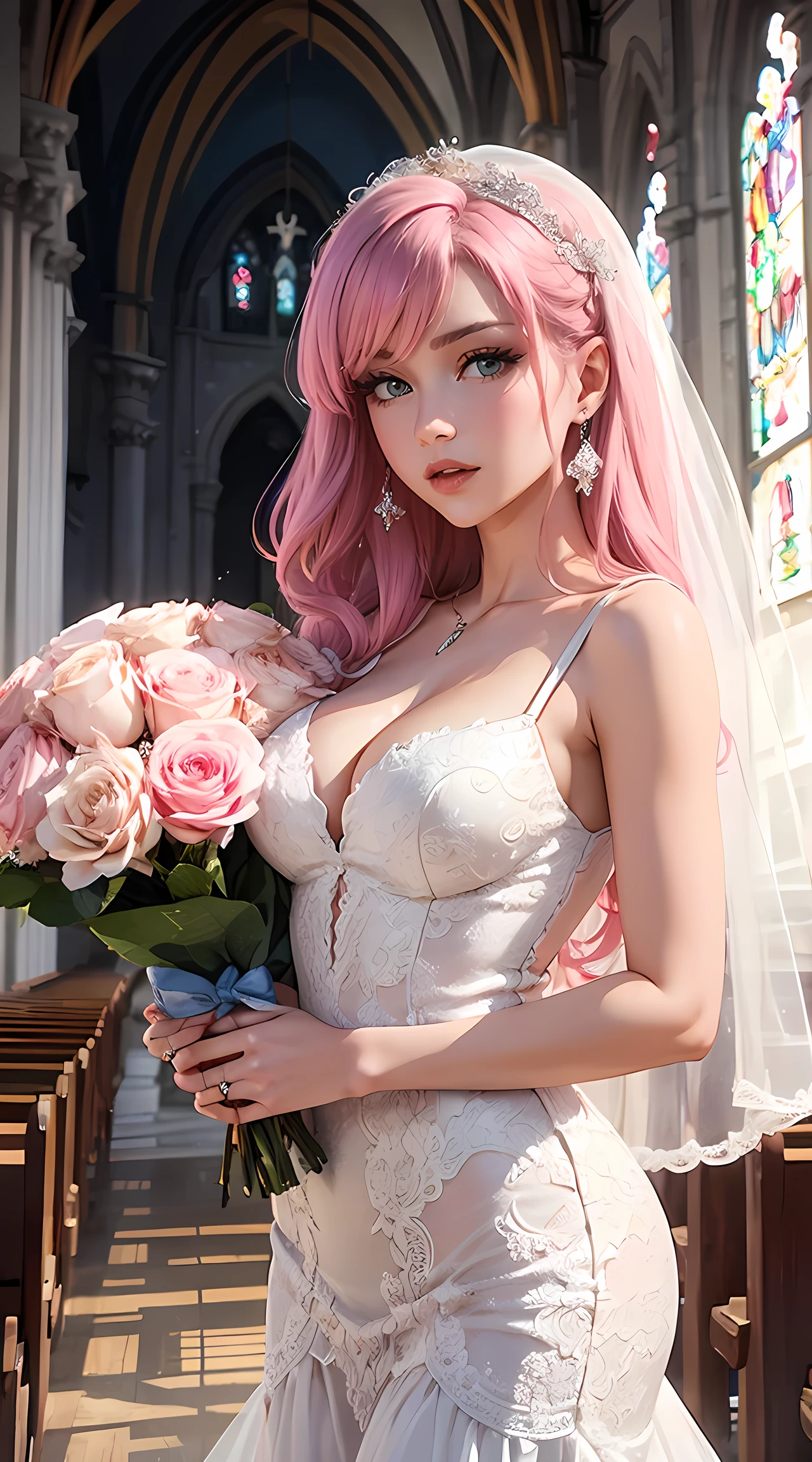 Beautiful pink hair girl is shown to have a sexy figure. She is wearing a  beautiful  detailed wedding dress , jewelry, holding a bouquet of flowers, she has blue eyes, Girl standing in a church aisle, sexy session, front facing viewer, cowboy shot, superior quality, many details, realistic