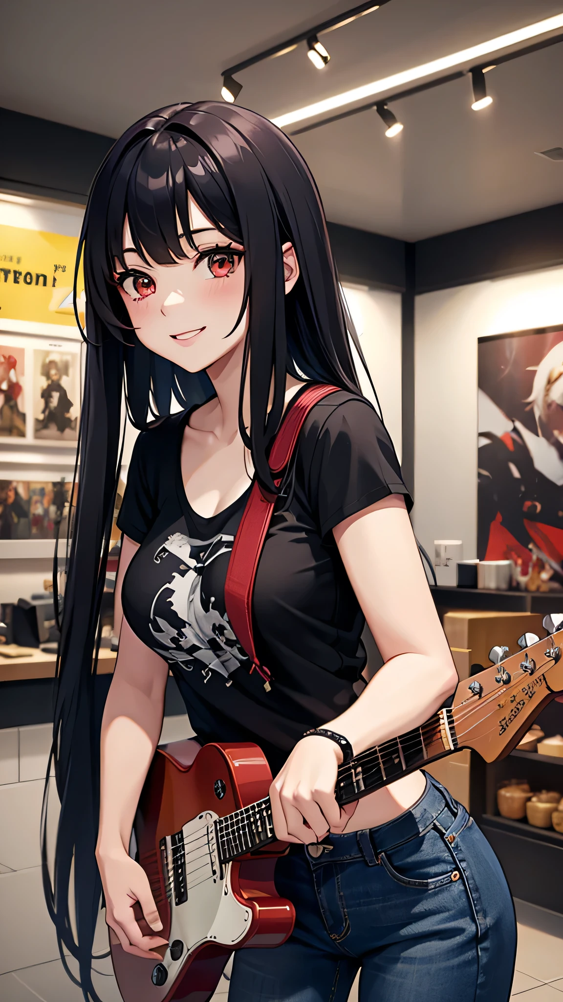 最high quality、Best image quality、masterpiece、girl((18-year-old、 By becoming、Best Bust、Medium Bust,Wide open breast tea、Red glowing eyes,Black Hair、Red Mesh、Disheveled Hair、Lointail、thin,The highest valley、Open chest、Luminous Wristbands、hair ornaments、Show the whole body,Black short sleeve T-shirt、Short denim trousers、Leaning forward、smile、Holding a guitar、Performance、sing)),high quality、Beautiful art、background((Large shopping malls,Street Museum))、Flight、Flying debris、Written boundary depth、movie、Visual Arts、Perfect art、8K,Genuine,