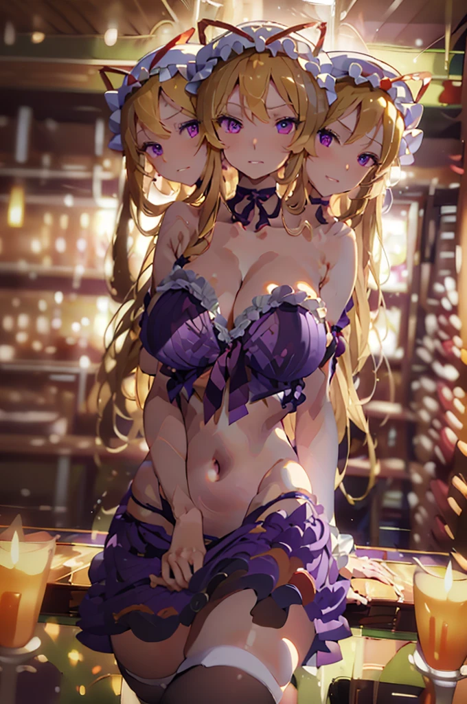 (masterpiece, best quality), best quality, (ultra-detailed), (3heads:1.5), 1girl, (yakumo yukari:1.3), masterpiece, best quality, ultra quality, ultra resolution, ultra detail, purple top, crop top, ((stomach)), midriff, ((groin)), purple skirt, frilled skirt, normal ears, shackles, blonde hair, very long hair, wavy hair, sidelocks, purple eyes, parted lips, open belly, sweat, cute, toned belly, hand on own chest, eyelashes, (24 year old woman:1.3), (masterpiece:1.5), (best quality:1.5), (beautiful detailed), extremely detailed CG, extremely delicate and beautiful, depth of field, (finely detailed face), (perfect details:1.2), (mature female:1.3), wide pelvis, slender, large veiny breast, 16k resolution, highres, high quality, high definition, extremely detailed, masterpiece, best quality, blonde hair, long hair, alluring presence, braid, short skirt, close up, big tits, young, frills, hat, hat ribbon, midriff, nsfw,