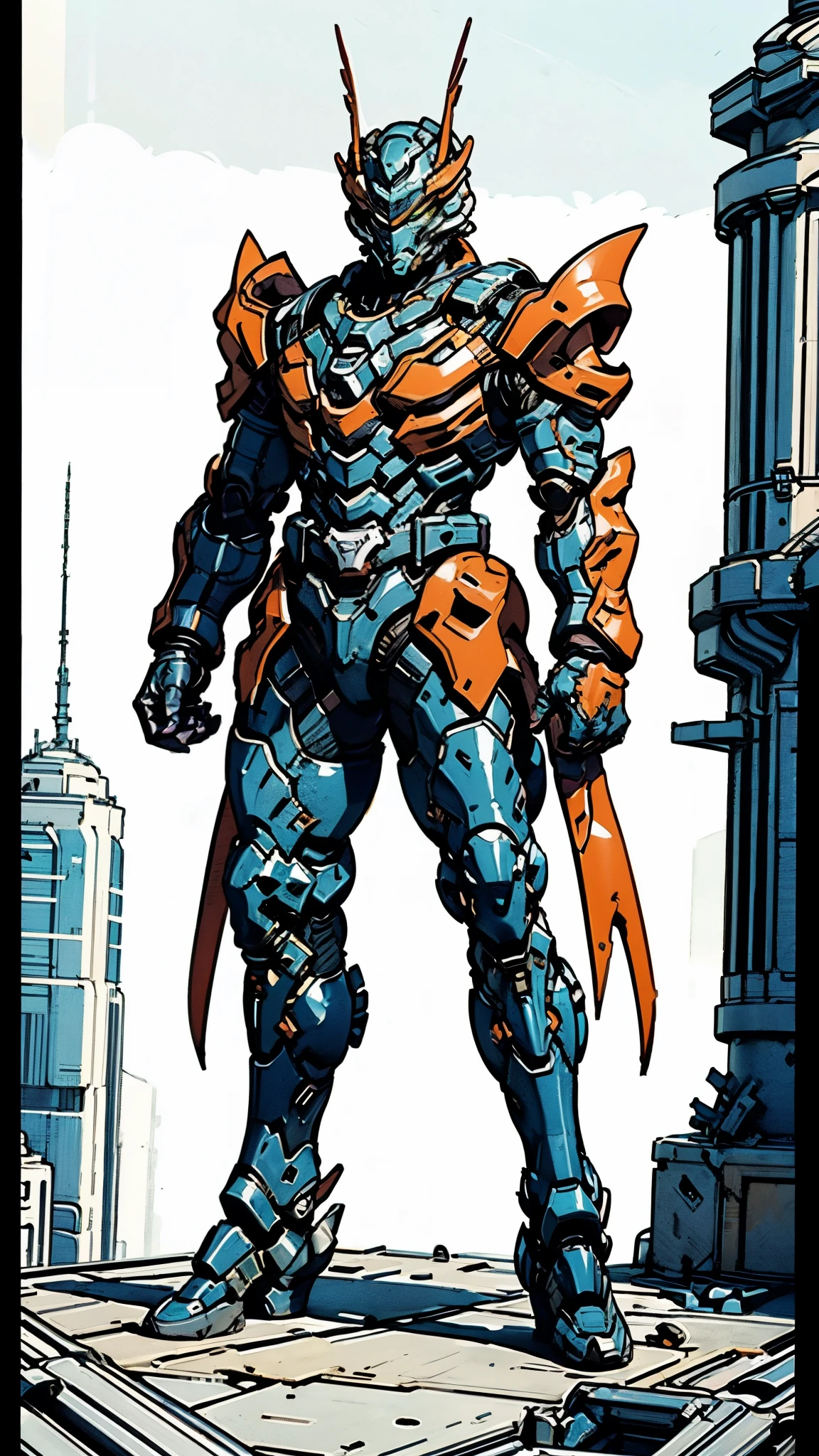 A man wearing a full-face helmet, a fantasy-style biomecha armored combat suit, green eyes, a composite layered chest armor, fully enclosed shoulder guards, matching arm and leg guards, the belt is adorned with dragon claw grasping orbs, (primarily black with red accents), the design balances heavy with agility, a high-tech biological armor, (Wolf concept Armor, stand on the top of a skyscraper in a futuristic sci-fi city), this character embodies a finely crafted fantasy-surreal style armored hero in anime style, exquisite and mature manga art style, (element, plasma, energy, the armor glows), ((male:1.5)), metallic, real texture material, dramatic, high definition, best quality, highres, ultra-detailed, ultra-fine painting, extremely delicate, professional, perfect body proportions, golden ratio, anatomically correct, symmetrical face, extremely detailed eyes and face, high quality eyes, creativity, RAW photo, UHD, 32k, Natural light, cinematic lighting, masterpiece-anatomy-perfect, masterpiece:1.5
