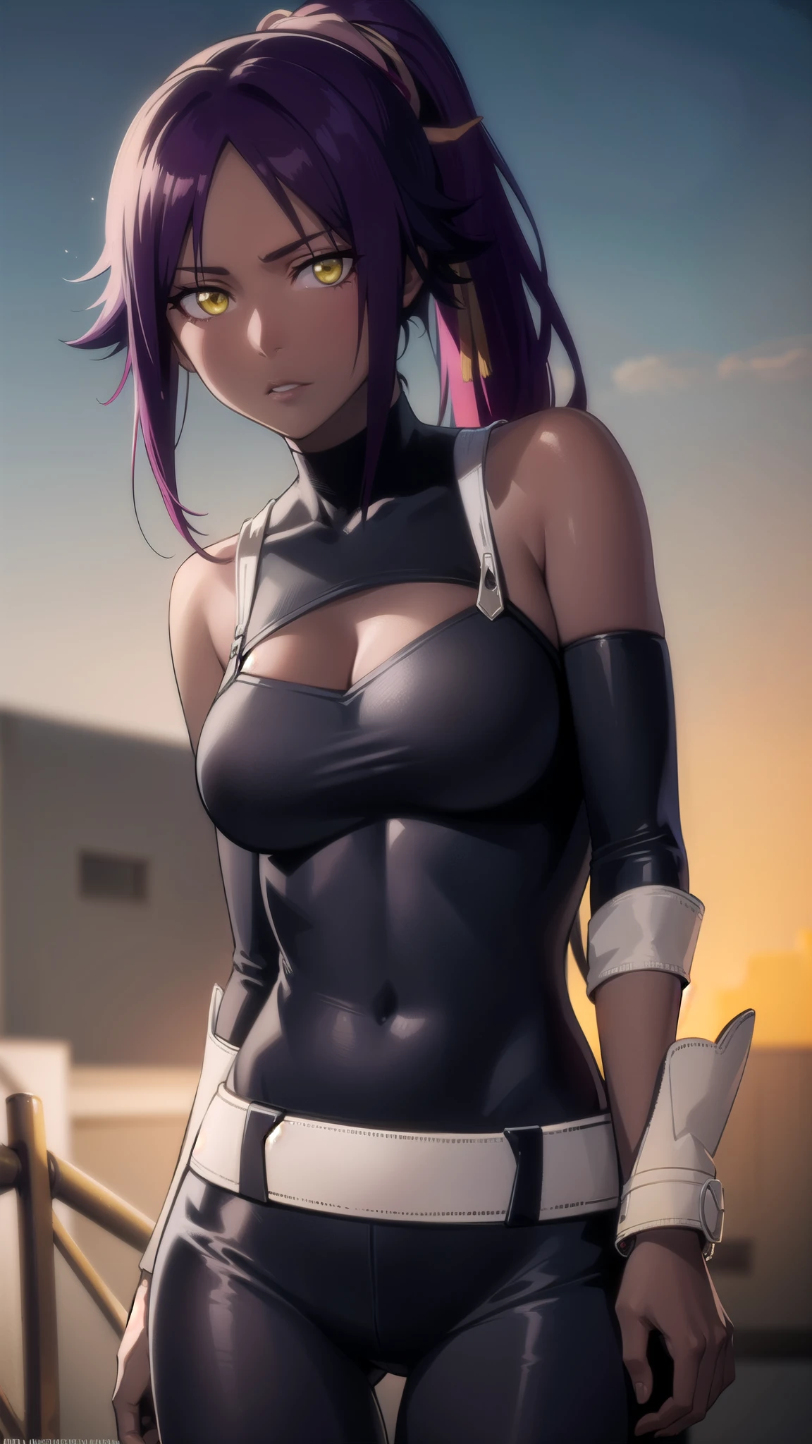 cleavage,yoruichishihouin, yoruichi shihouin, long hair, (yellow eyes:1.5), ponytail, purple hair, dark skin, dark-skinned female,
BREAK bodysuit, black bodysuit, bare arms, bare shoulders, 
BREAK outdoors,
BREAK looking at viewer, (cowboy shot:1.5),
BREAK (masterpiece:1.2), best quality, high resolution, unity 8k wallpaper, (illustration:0.8), (beautiful detailed eyes:1.6), extremely detailed face, perfect lighting, extremely detailed CG, (perfect hands, perfect anatomy),