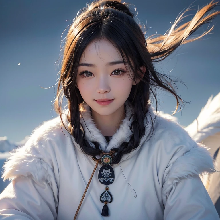 snow mountain、 ((highest quality、masterpiece、8k、best image quality、ultra high resolution、Award-winning work)、(accurate anatomy:1.1)、(look at me and smile:1.1)、Shining fair skin with ultra high resolution、most detailed face、ultra high resolution detailed face、white short hair blowing 、(ultra high resolutionの煌めく瞳:1.1)、Beautiful face drawn in every detail、(blurred background:1.1)、warm Inuit clothing, tattoo, real wolfs beside:1.5