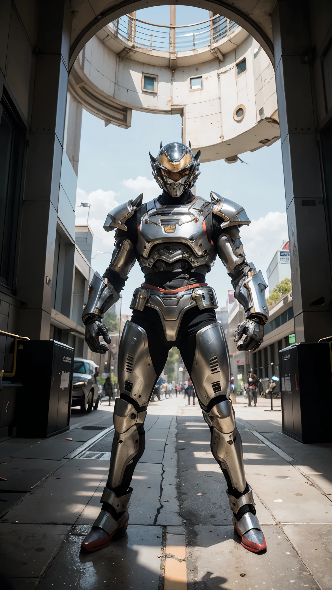 A man wearing a full-face helmet, a fantasy-style biomecha armored combat suit, green eyes, a composite layered chest armor, fully enclosed shoulder guards, matching arm and leg guards, the belt is adorned with dragon claw grasping orbs, (primarily black with red accents), the design balances heavy with agility, a high-tech biological armor, (Wolf concept Armor, stand on the top of a skyscraper in a futuristic sci-fi city), this character embodies a finely crafted fantasy-surreal style armored hero in anime style, exquisite and mature manga art style, (element, plasma, energy, the armor glows), ((male:1.5)), metallic, real texture material, dramatic, high definition, best quality, highres, ultra-detailed, ultra-fine painting, extremely delicate, professional, perfect body proportions, golden ratio, anatomically correct, symmetrical face, extremely detailed eyes and face, high quality eyes, creativity, RAW photo, UHD, 32k, Natural light, cinematic lighting, masterpiece-anatomy-perfect, masterpiece:1.5