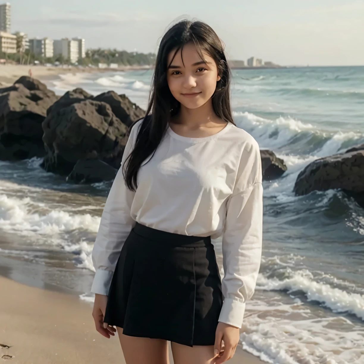 16 years old short girl, tucked shirt, short skirt, long sleeves, black hair, at the beach, cute little smile, eyes at viewer
