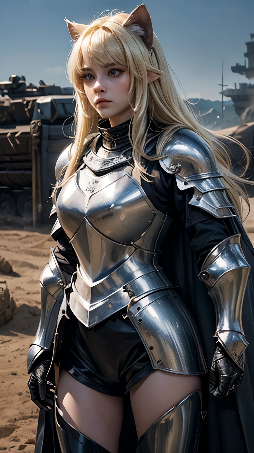 ((Highest quality))、((8K))、((knight))、woman、Big eyes、Double、Soft、大人のwoman、whole body、(sword)、(armor)、((whole bodyarmor))、Cat ear、Blonde、long hair、大sword、knight団、((battlefield))、Cape、swordを握る手、