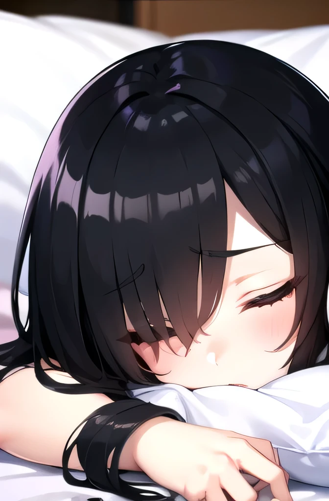 The girl with long black hair covering her eyes was sleeping on the bed with a calm face and wearing a white nightgown.