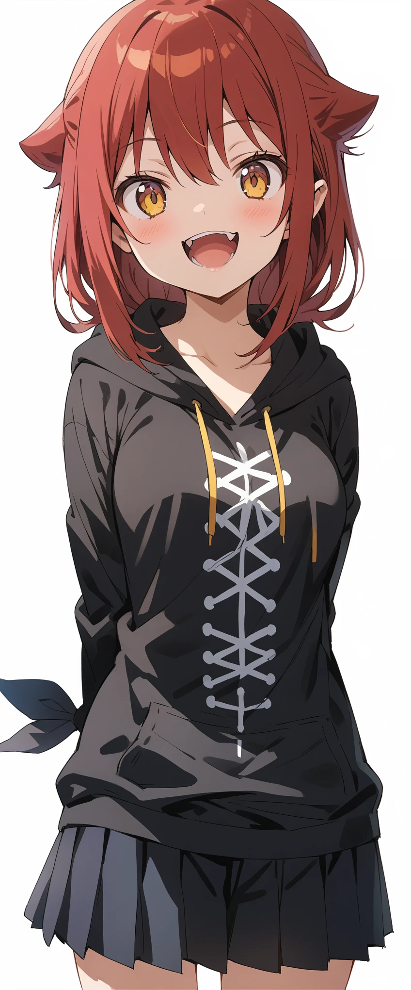 White background、Solid white background、Blank background、Ultra-high resolution, highest quality,Solo,just standing girl, One Girl、The whole body is depicted from the front、fish-bone braid hair、Fishbone Hair、red hair、arms behind back、Put your hands behind your back、Hide your hands、busty、beautiful detailed eyes、Red hair x yellow eyes、yellow eyes、Open your mouth without showing your teeth、Smile with mouth wide open、Black hoodie、 White fish head mark on chest、Black hoodie、Black pleated skirt、barefoot