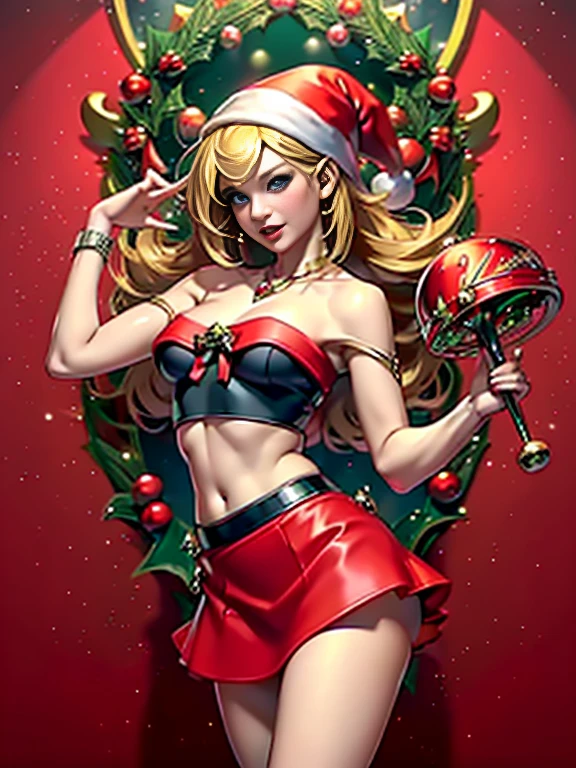 Dark magician gils con vestido rojo,((see through)), extremadamente detallado, rubio,(((Mini falda diminuta))), ((skirt lift)),(((tanga visible))),Sonriendo, ojos azules, realista, tacones rojos, (((Navidad))), escote, ((christmas tree, Regalos)), cabello rubio, navidad de Magia. Pose sejustiva y sensual.