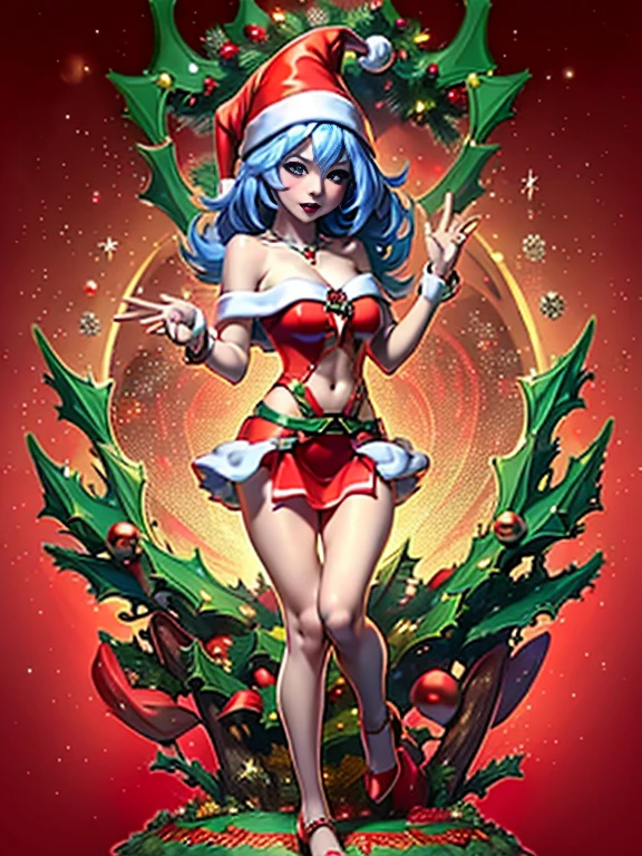 Dark magician Gilles in a red dress,((See through)), Very detailed, Rubio,(((Tiny mini skirt))), ((Skirt flip)),(((I can see Tanga))),smile, blue eyes, Realist, Red High Heels, (((Christmas))), Neckline, ((Christmasツリー, gift)), cabello Rubio, 魔法のChristmas. Seductive and sensual poses.