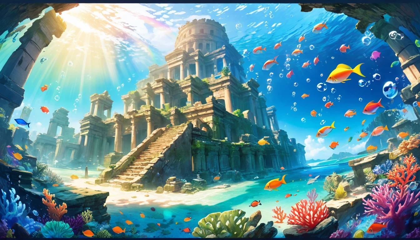 (Panorama, center, masterpiece, highest quality: 1.2), (8K、Raw photo、highest quality、look up:1.2、masterpiece:1.2、Genuineistic、Ultra-high resolution、High Contrast、Photon Mapping、Genuine、Very detailed、Official Art, Raw photo、professional Lighting、 Light、Vivid atmosphere、twiceLight) , , In the sea。In the sea,々Bubbles are bubbling。Ancient ruins can be seen。Different types、Colorful tropical fish swimming。You can see the corals and underwater plants。Primary color shades。Rainbow-colored。Green algae or seaweed。Even though it&#39;s underwater、As if you were on the ground。Captivating natural beauty,Shining Star Fragment, An atmosphere that exudes the excitement of adventure。An atmosphere that makes you feel happy and joyful。High Fantasy Worldview,　Beautiful depiction of grand composition and proportions, Rainbow-coloredの光や銀色の蒸気の守護星雲, Corrosive Encirclement Ray Family Color, Slimy air,