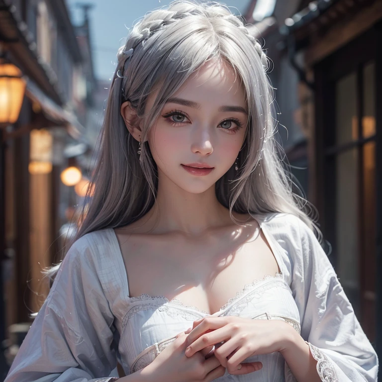 Dark ambiance,old European townde in the background、white wolf、 ((highest quality、masterpiece、8k、best image quality、ultra high resolution、Award-winning work)、(accurate anatomy:1.1)、(look at me and smile:1.1)、Shining fair skin with ultra high resolution、most detailed face、ultra high resolution detailed face、white short hair flowing 、Beautiful face drawn in every detail、(blurred background:1.1)、traditional Georgia man costume, tiny breast, real wolf beside the girl