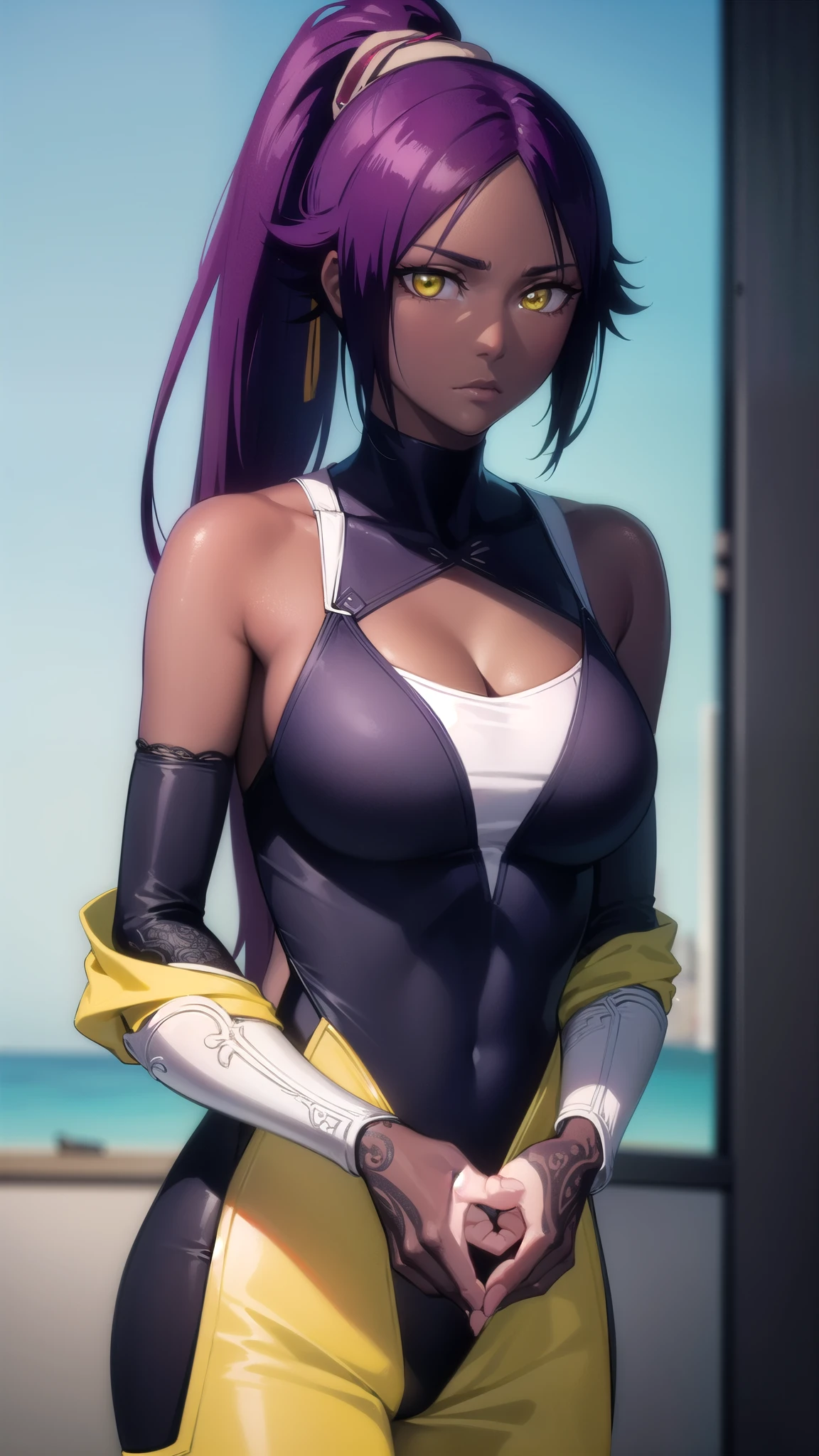 big ,cleavage,yoruichishihouin, yoruichi shihouin, long hair, (yellow eyes:1.5), ponytail, purple hair, dark skin, dark-skinned female,
BREAK bodysuit, black bodysuit, bare arms, bare shoulders, 
BREAK outdoors,
BREAK looking at viewer, (cowboy shot:1.5),
BREAK (masterpiece:1.2), best quality, high resolution, unity 8k wallpaper, (illustration:0.8), (beautiful detailed eyes:1.6), extremely detailed face, perfect lighting, extremely detailed CG, (perfect hands, perfect anatomy),