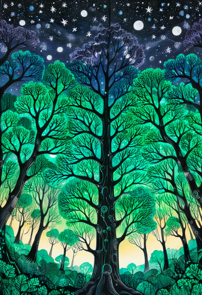 In the tranquil depths of a Starlit forest, ancient trees stand sentinel beneath a canopy of twinkling stars, their branches swaying gently in the night breeze, Marker Drawing, bold marker lines, visibile paper texture, marker drawing, (masterpiece, best quality, Professional, perfect composition, very aesthetic, absurdres, ultra-detailed, intricate details:1.3)