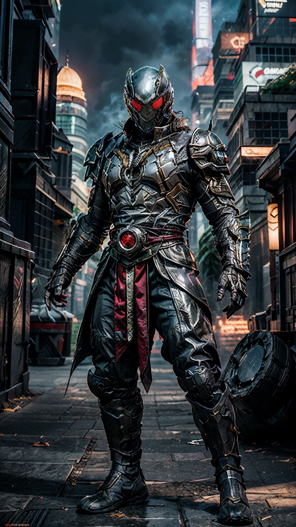 A man wearing a full-face helmet, a fantasy-style biomecha armored combat suit, green eyes, a composite layered chest armor, fully enclosed shoulder guards, matching arm and leg guards, the belt is adorned with dragon claw grasping orbs, (primarily black with red accents), the design balances heavy with agility, a high-tech biological armor, (Wolf concept Armor, stand on the top of a skyscraper in a futuristic sci-fi city), this character embodies a finely crafted fantasy-surreal style armored hero in anime style, exquisite and mature manga art style, (element, plasma, energy, the armor glows), ((male:1.5)), metallic, real texture material, dramatic, high definition, best quality, highres, ultra-detailed, ultra-fine painting, extremely delicate, professional, perfect body proportions, golden ratio, anatomically correct, symmetrical face, extremely detailed eyes and face, high quality eyes, creativity, RAW photo, UHD, 32k, Natural light, cinematic lighting, masterpiece-anatomy-perfect, masterpiece:1.5