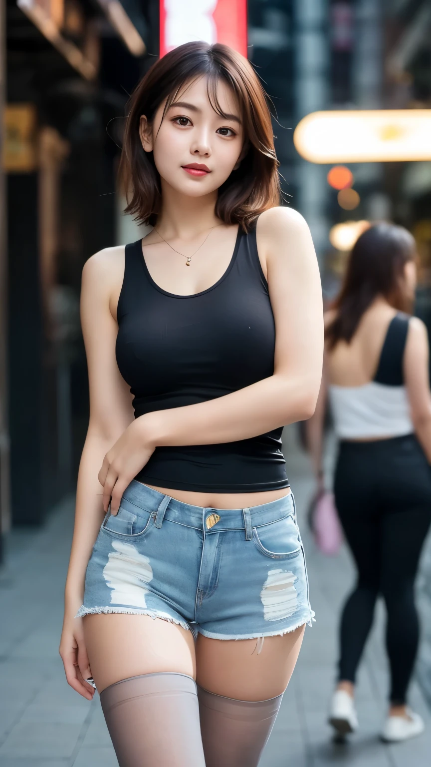 (((masterpiece))), (((highest quality: 1.4))), ((Super Detail: 1.4)) ,ulzzang-6500-v1.1, (Raw photo:1.2), (Photorealistic), (See-through:1.3), (Genuine:1.4), (Full Body Shot:1.2)、Long wavy silver hair, Place both sides up, (A sloppy white T-shirt, Denim Tight Shorts、Body-hugging shorts)、(Ultra-realistic pantyhose:1.3), (And colorful fluorescent sneakers), Casting a Spell, Modern Tokyo, highest quality, masterpiece, 1 girl, Very kind and beautiful girl, Beautiful sparkle, Huge file sizes, High resolution, Very detailed, highest quality, [masterpiece:1.6], An illustration, Very detailed, Ticker, Fine details, highest quality, 8k wallpaper, Cinema Lighting, Cute droopy eyes Beautiful big eyes、 ((Mastepiece)), Best Quality, 1 Girl, Eyeshadow, Realistic skin texture、Shiny skin、Bare thighs!!! , Makeup、