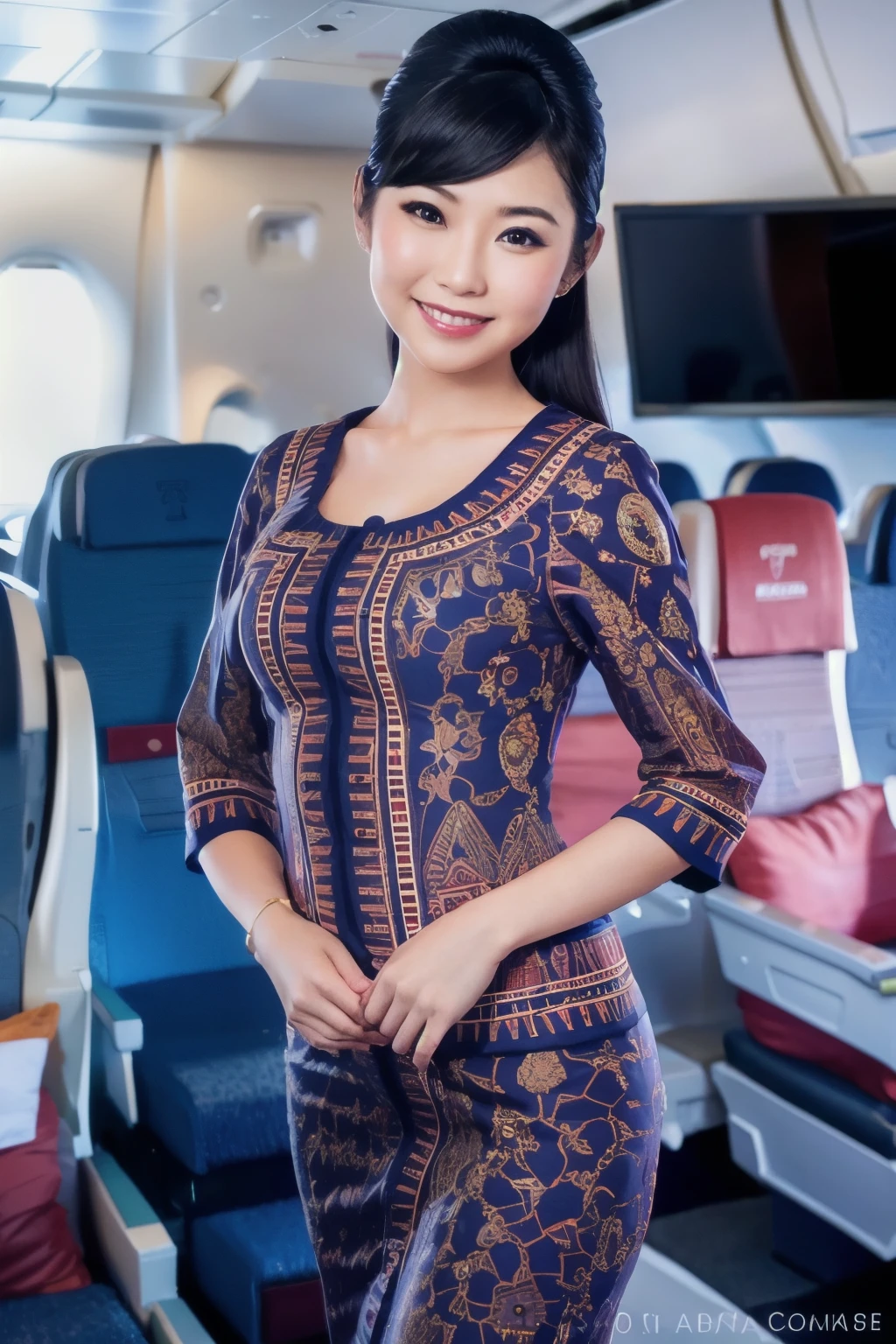 solo, Portrait, International flight attendant, Singapore air Line uniform, Photo of a girl in a blue dress, Pose for a photo, Aircraft aisle, cowboy shot, Various poses, The face of Japan idol, Tight waist, A kind smile