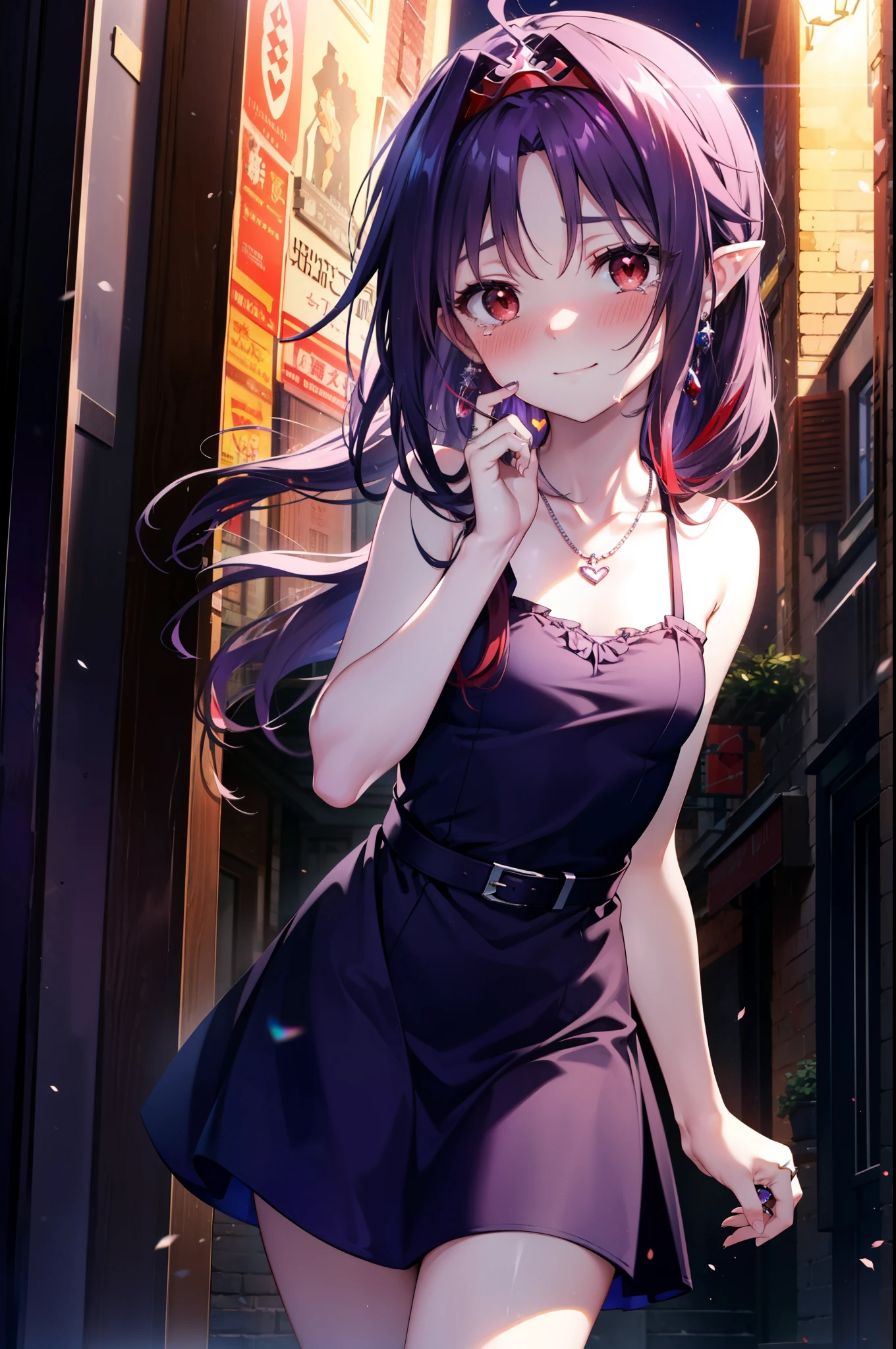 yuukikonno, Konno Yuuki,Long Hair, tiara,Pointed Ears, Purple Hair, (Red eyes:1.5), (Small breasts:1.2), smile,Purple Dress,Purple Long Skirt,Purple stiletto heels,Sleeveless,Expose your shoulders,Bare arms,Bare neck,bare clavicle,She is wearing a wedding ring on the ring finger of her left hand.,Heart Necklace,Tears stream down her face,Tears of joy,I cry a lot,Romantic night view,moonlight,
break outdoors, hill,
break looking at viewer, (Cowboy Shot:1.5),
break (masterpiece:1.2), highest quality, High resolution, unity 8k wallpaper, (shape:0.8), (Beautiful details:1.6), Highly detailed face, Perfect lighting, Extremely detailed CG, (Perfect hands, Perfect Anatomy),