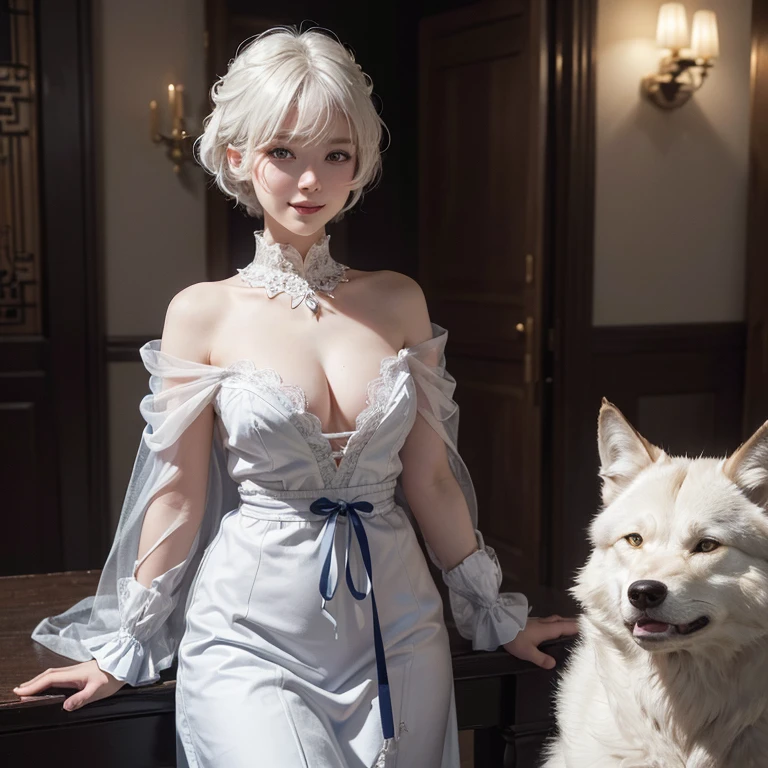 Dark ambiance,Mid century london inthe background、white wolf、 ((highest quality、masterpiece、8k、best image quality、ultra high resolution、Award-winning work)、(accurate anatomy:1.1)、(look at me and smile:1.hining fair skin with ultra high resolution、most detailed face、ultra high resolution detailed face、white short hair flowing 、Beautiful face drawn in every detail、(blurred background:1.1)、traditional Georgia man costume, tiny breaal wolf beside the girl