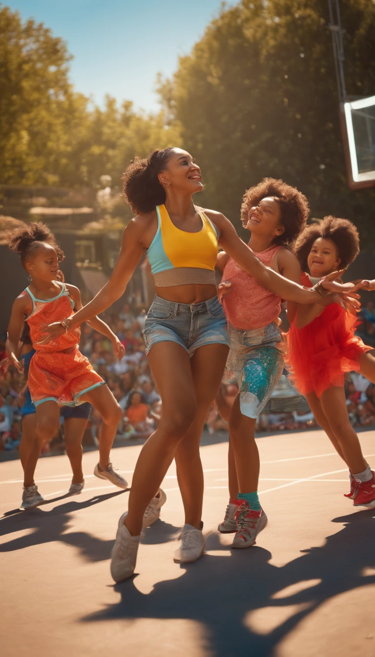 (highres,4k:1.2),ultra-detailed,(realistic,photorealistic,photo-realistic:1.37),lively and energetic scene,mothers dancing hip-hop with their children, vibrant colors, basketball court backdrop, dynamic movements, stylish and modern outfits, dynamic lighting, strong and sharp shadows, synchronized dance routine, joyful expressions on their faces, urban atmosphere, diverse group of mothers and children, graffiti art on the walls, vibrant and dynamic atmosphere, energetic music in the background, intense and dynamic poses, acrobatic dance moves, impressive footwork, airborne jumps and flips, striking contrast between the colorful outfits and the basketball court, visually captivating and high-energy performance, youthful and enthusiastic vibe, celebration of the special bond between mothers and children.
