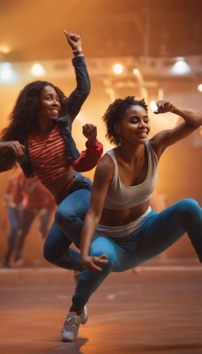 (highres,4k:1.2),ultra-detailed,(realistic,photorealistic,photo-realistic:1.37),lively and energetic scene,mothers dancing hip-hop with their children, vibrant colors, basketball court backdrop, dynamic movements, stylish and modern outfits, dynamic lighting, strong and sharp shadows, synchronized dance routine, joyful expressions on their faces, urban atmosphere, diverse group of mothers and children, graffiti art on the walls, vibrant and dynamic atmosphere, energetic music in the background, intense and dynamic poses, acrobatic dance moves, impressive footwork, airborne jumps and flips, striking contrast between the colorful outfits and the basketball court, visually captivating and high-energy performance, youthful and enthusiastic vibe, celebration of the special bond between mothers and children.