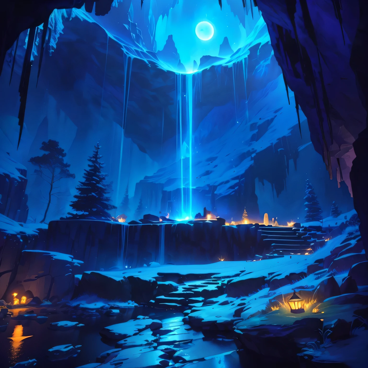 A mysterious night cave scene, the central stone platform is surrounded by flashing torches, glowing rocks and grass decorate the cave, a beam of moonlight pours down from above, casting moonlight on the ground, the stalagmite in the distance reaches deep, the blue moon shines on the stalagmite, the quiet blue moonlight, from above, the best quality, 8k, super detail,  cool tones, Dramatic lighting.